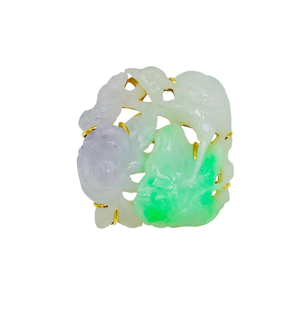 Multi Colored Jade, Turtles, Bird, Floral 14 KT Pin: Multi Colored Jade, Turtles, Bird, Floral 14 KT PinColors of Lavender Jade, Green and White of carved animals and flower set on a large 14 karat backing with 1-1/8 inch long pin. The pendant measures1