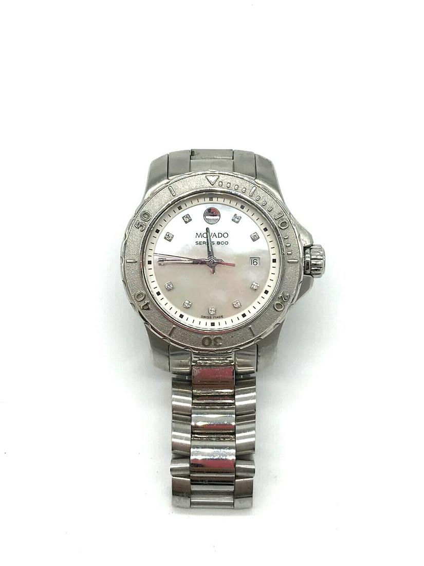 Mother of Pearl-Diamond, Movado Series 800 Divers Swiss: Mother of Pearl, Movado Series 800 Divers Watch, Stainless 800 series watch up to 200 meters, waterproof. 2600078 series. Stainless steel. Mother of Pearl diamonds on the numbers. Ladies size 32.50 mm