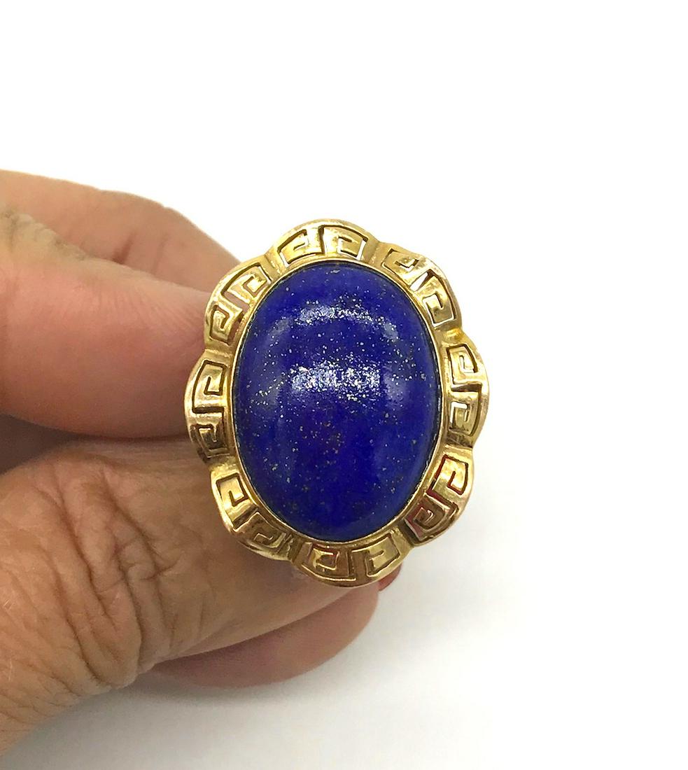 Greek Key, Eternity Lapis Lazuli Ring, 14Kt Gold: Greek Key, Eternity Lapis Lazuli Ring, 14Kt Gold Mimicking the ancient Maeander River of Asia Minor with its many twists and turns, means Eternity. Large Lapis is speckled with gold pyrite and is 1-1/