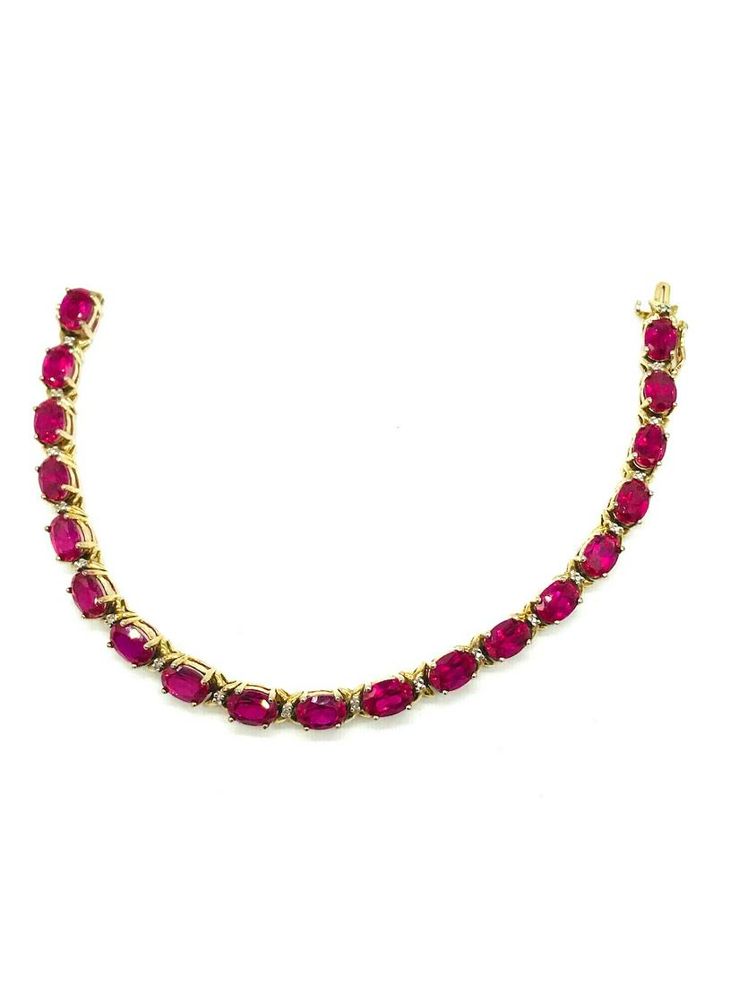 Ruby Red, 12 CTW, Tennis Bracelet, 925: Ruby Red, 12CTW Stone, Tennis Bracelet, 925 Oval shaped stones measure 5 x 7. Man-made red stones set in 925 marked bracelet. Gold overlay GIA Gemologist Inspected and Evaluation
