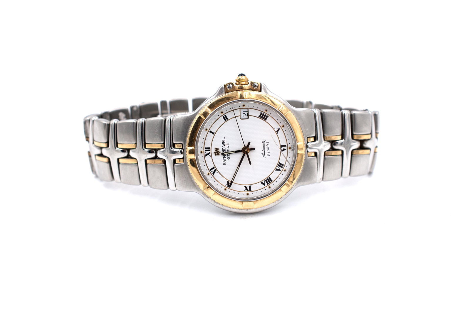 Raymond Weil Genève Parsifal 40mm, Automatic 2890, 21: Raymond Weil Genève Parsifal 40mm, Automatic 2890, 21 Jewel Stainless steel two tone with sapphire crown, 40 mm wide on deployment bracelet. Size 7-1/4 strap length wrist991253 case number, White dia