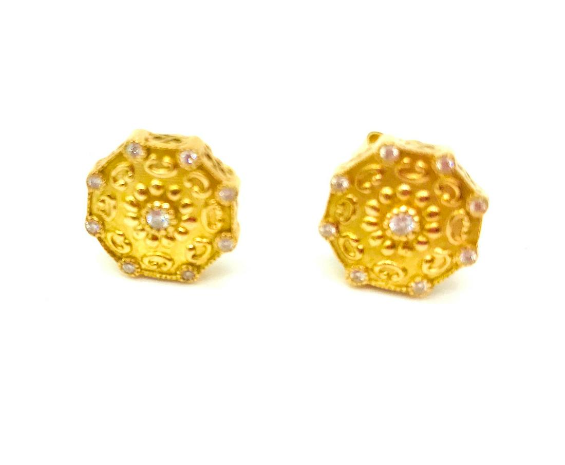 CHARRIOL, 18 Kt. Pave Diamond Octagon, Scrolled Earring: CHARRIOL, 18 Kt. Pave Diamond Octagon, Scrolled Earring Studs Beautiful, 18 stone diamond, pave setting with rope textured and smooth bezel. Weight of stones is estimated .40 carat; Quality is VS and