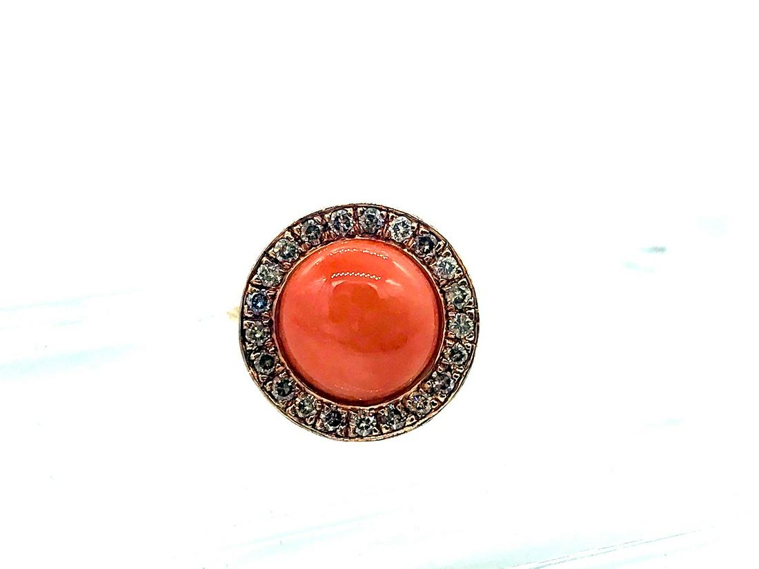 Coral 18 mm Ring, .75 CT Chocolate Diamonds, Pink Gold: Coral 18 mm Ring, Chocolate Diamonds, Pink Gold Chocolate colored diamonds surround dome 12 mm coral. Diamonds are 1.95-2.00 mm having an estimated weight of .75 carat. Pink gold is 5.90 grams. Ri