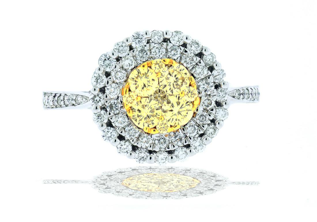 Double Halo, Invisible Setting, Yellow Diamonds, 1 CT: Double Halo, Solitaire Yellow Diamond Ring Invisible, center style setting of layered, yellow (9) diamonds, appearing similar to a 1.50 carat. Double halo is of (42) diamonds and the shank has (14) di