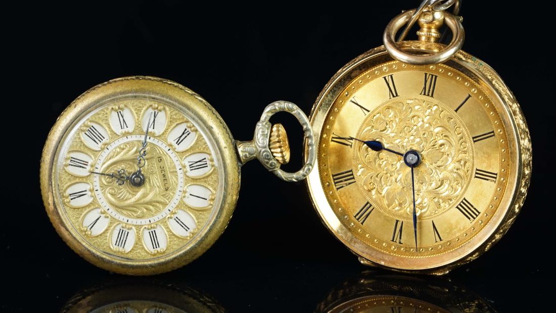 TWO YELLOW METAL FOB WATCHES, one stamped 18K, (1 of 1)
