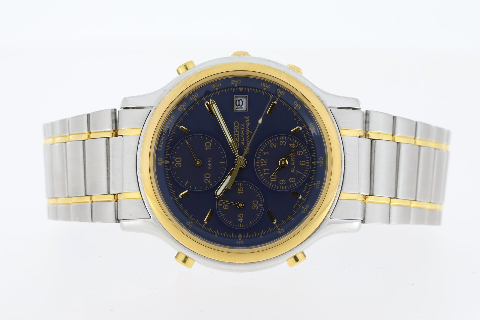 Brand: Seiko Model Name: Alarm Reference: 7T32-6A50 Complication: Chronograph Movement: Quartz: Brand: Seiko Model Name: Alarm Reference: 7T32-6A50 Complication: Chronograph Movement: Quartz Box: Yes Dial shape: Circular Dial colour: Blue Dial features: Gold hands and baton hour markers. Seconds