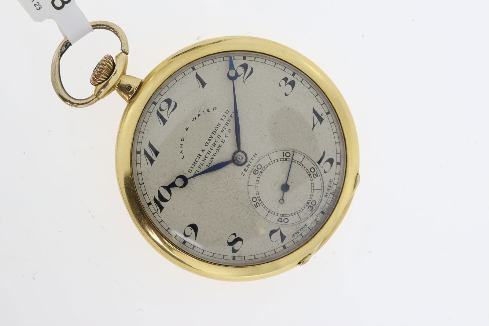 RARE 1927 18CT ZENITH LAND & WATER X BIRCH & GAYDON TRIPLE SIGNED POCKET WATCH, 18ct case, 46mm, (1 of 2)