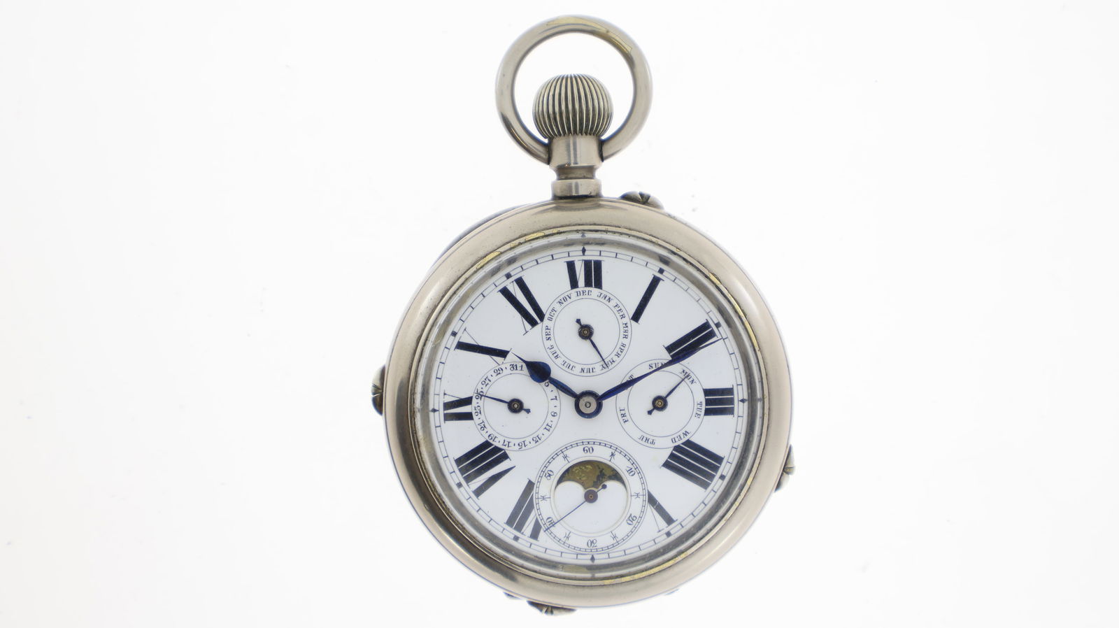 Goliath Calendar Moon Phase Pocket Watch, white dial with Roman numerals, for subsidiary dials, (1 of 7)
