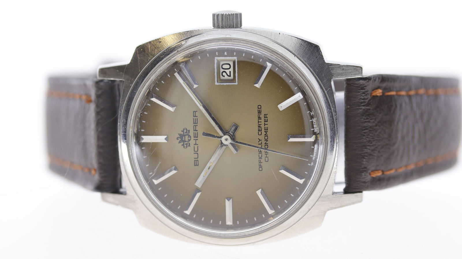 Vintage Bucherer Chronometer Ref 1844 Date Automatic: Brand: Bucherer Model Name: Vintage Reference: 1844 Movement: Automatic Movement calibre: ETA 2824 Movement features: Bucherer signed movement. Dial shape: Circular Dial colour: Brown fume Dial featur