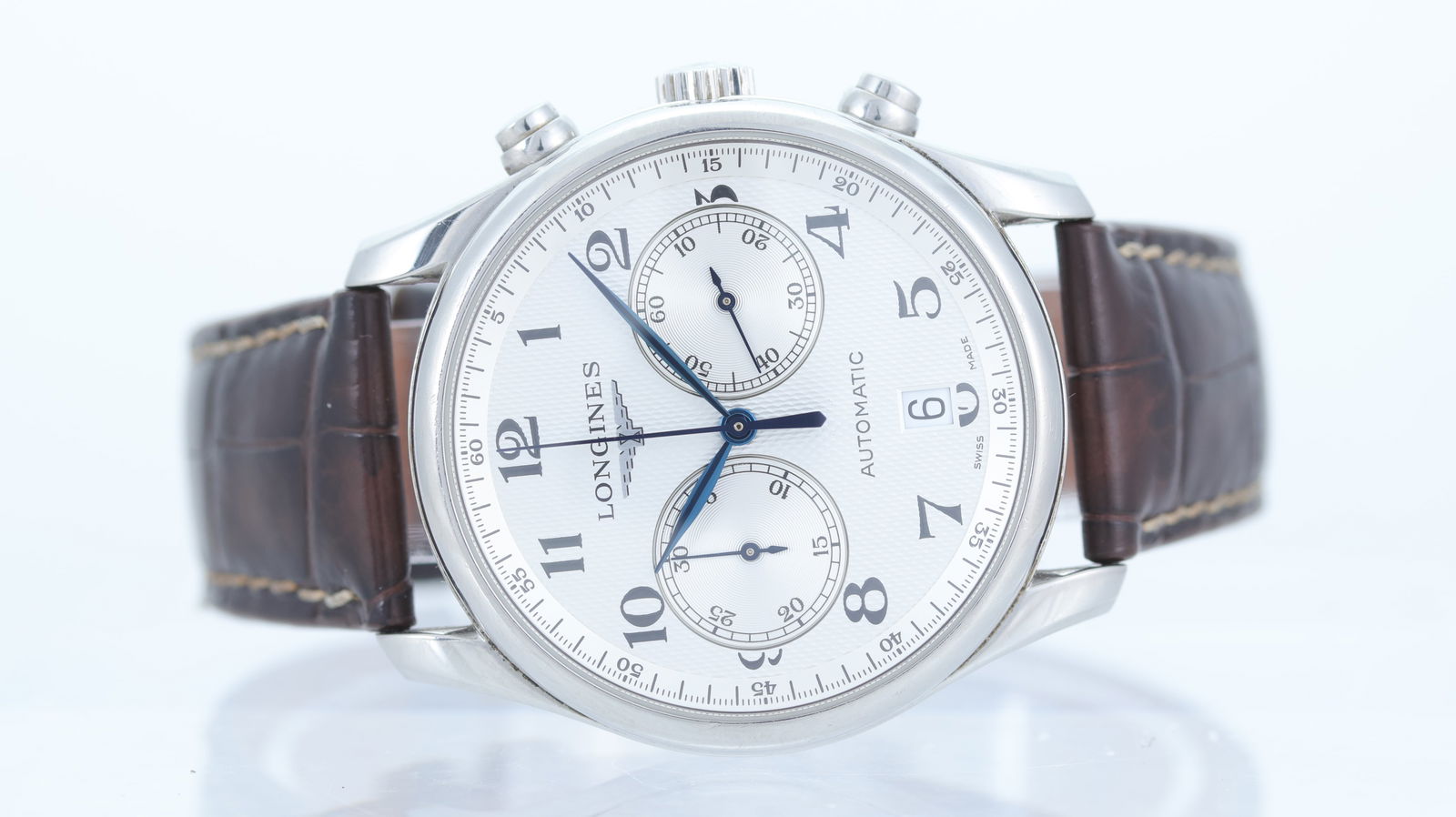 Longines Master Collection Chronograph Automatic: Brand: Longines Model Name: Master Collection Reference: L2.629.4 Movement: Automatic Movement calibre: ETA 2894-2 Longines Signed Dial shape: Circular Dial colour: Silver Dial features: Arabic numera