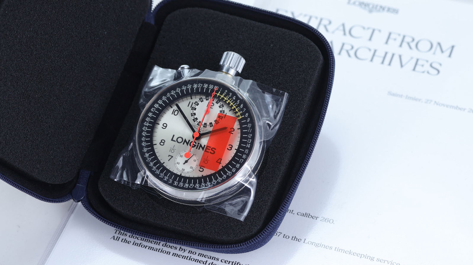 Longines 1968 Mexico Olympic Split Second Stopwatch With Longines Archive Papers: Brand: Longines Model Name: Olympic Stopwatch Reference: 7819 Movement: Manual Wind Movement calibre: Caliber 260 Year: 1967 Papers: Archives Papers features: Longines Archive dated Nov 24, stating wa