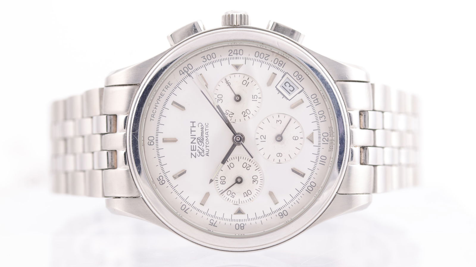 Zenith El Primero Chronograph Automatic Ref 02.0500.400: Brand: Zenith Model Name: El Primero Reference: 02.0500.400 Movement: Automatic Movement calibre: 400 Dial shape: Circular Dial colour: Silver Dial features: baton and triangular hour markers, date ap
