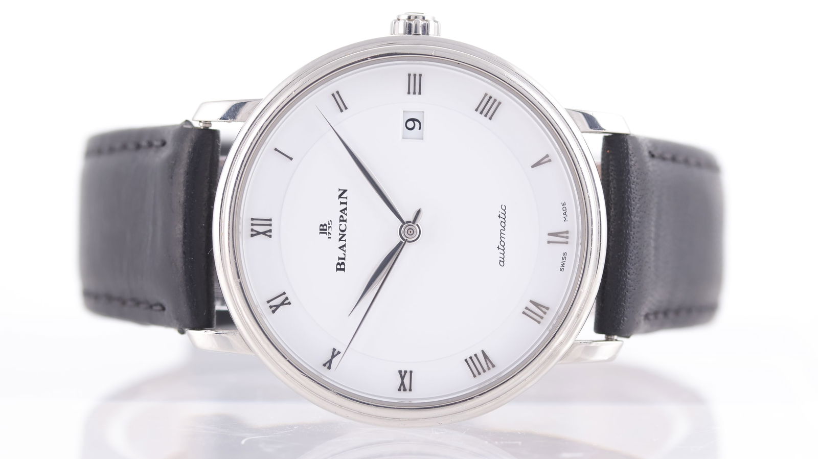 Blancpain Villeret Ultraslim Date Automatic Ref 6223: Brand: Blancpain Model Name: Villeret Ultraslim Reference: 6223-1127-55A Movement: Automatic Movement calibre: Blancpain 1150 Dial shape: Circular Dial colour: White Dial features: Roman numerals, sil