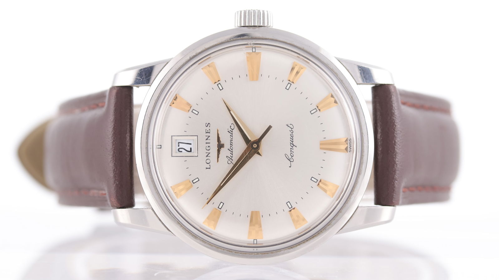 Longines Conquest Heritage Date Automatic: Brand: Longines Model Name: Conquest Heritage Reference: L1.611.4 Movement: Automatic Movement calibre: Longines 633.5 Dial shape: Circular Dial colour: Silver Dial features: Sunburst dial with applie