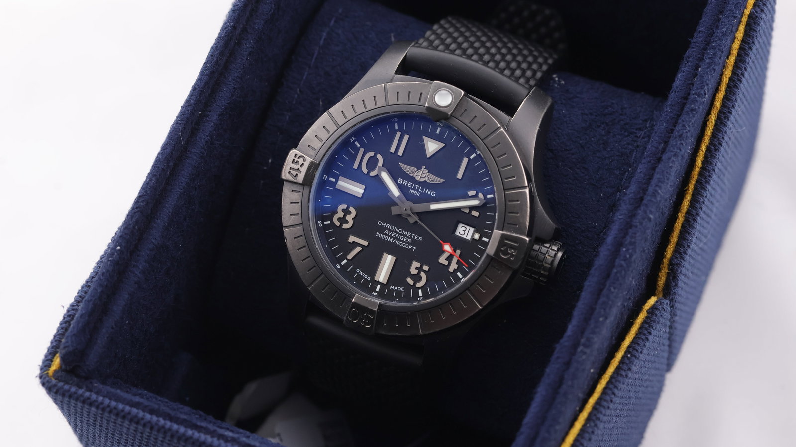 Breitling Avenger Seawolf Night Mission Date Automatic with Box and Papers Circa 2021 Ref V17319: Brand: Breitling Model Name: Avenger Seawolf Night Mission Reference: V17319 Movement: Automatic Movement calibre: Breitling 17 Year: Circa 2021 Box: inner box Box features: Breitling material box Pap