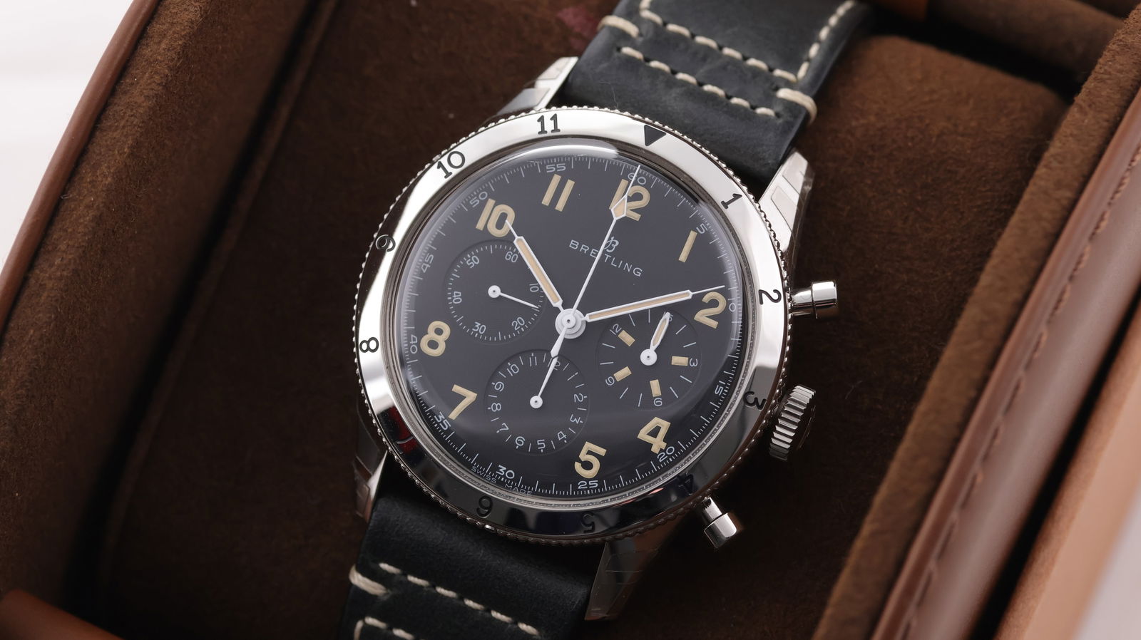 Breitling AVI Co-Pilot Chronograph Reference 765 with Box and Papers 2023 Stickers: Brand: Breitling Model Name: AVI Reference: 765 Movement: Manual Wind Movement calibre: Breitling B09 Year: 2023 Box: Full Box Papers: Guarantee Card Dial shape: Circular Dial colour: Black Dial featu