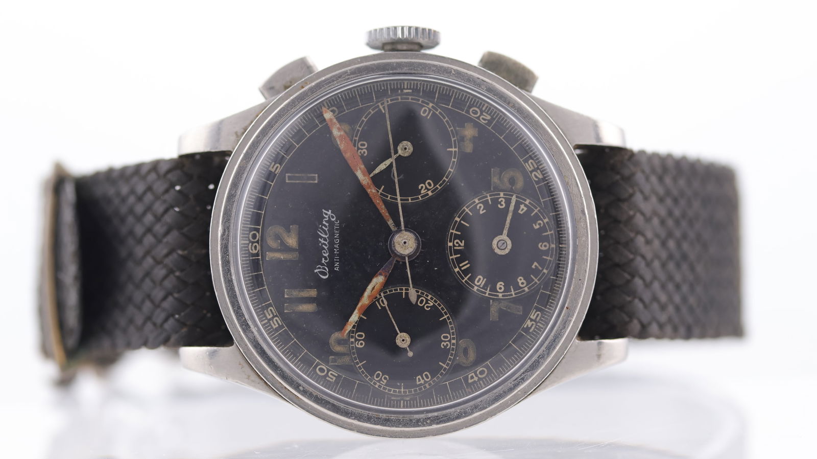 Breitling Vintage Chronograph Oversize Manual Wind Circa 1940's: Brand: Breitling Model Name: Vintage Chronograph Movement: Manual Wind Year: Circa 1940's Dial shape: Circular Dial colour: Black Dial features: Arabic numerals, three subsidiary dials, partina hands