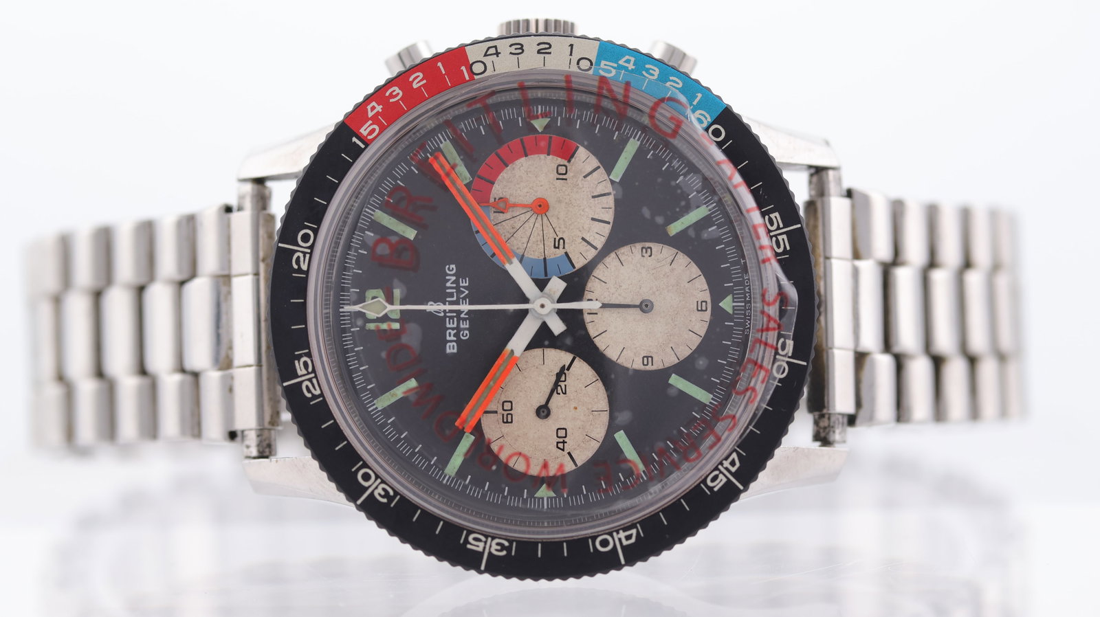 Rare Breitling Co-Pilot Tri-Colour Yachting Chronograph Reference 7650 Circa 1969: Brand: Breitling Model Name: Co-Pilot Reference: 7650 Movement: Manual Wind Year: Circa 1969 Dial shape: Circular Dial colour: Black Dial features: Baton hour markers, three white subsidiary dials, or