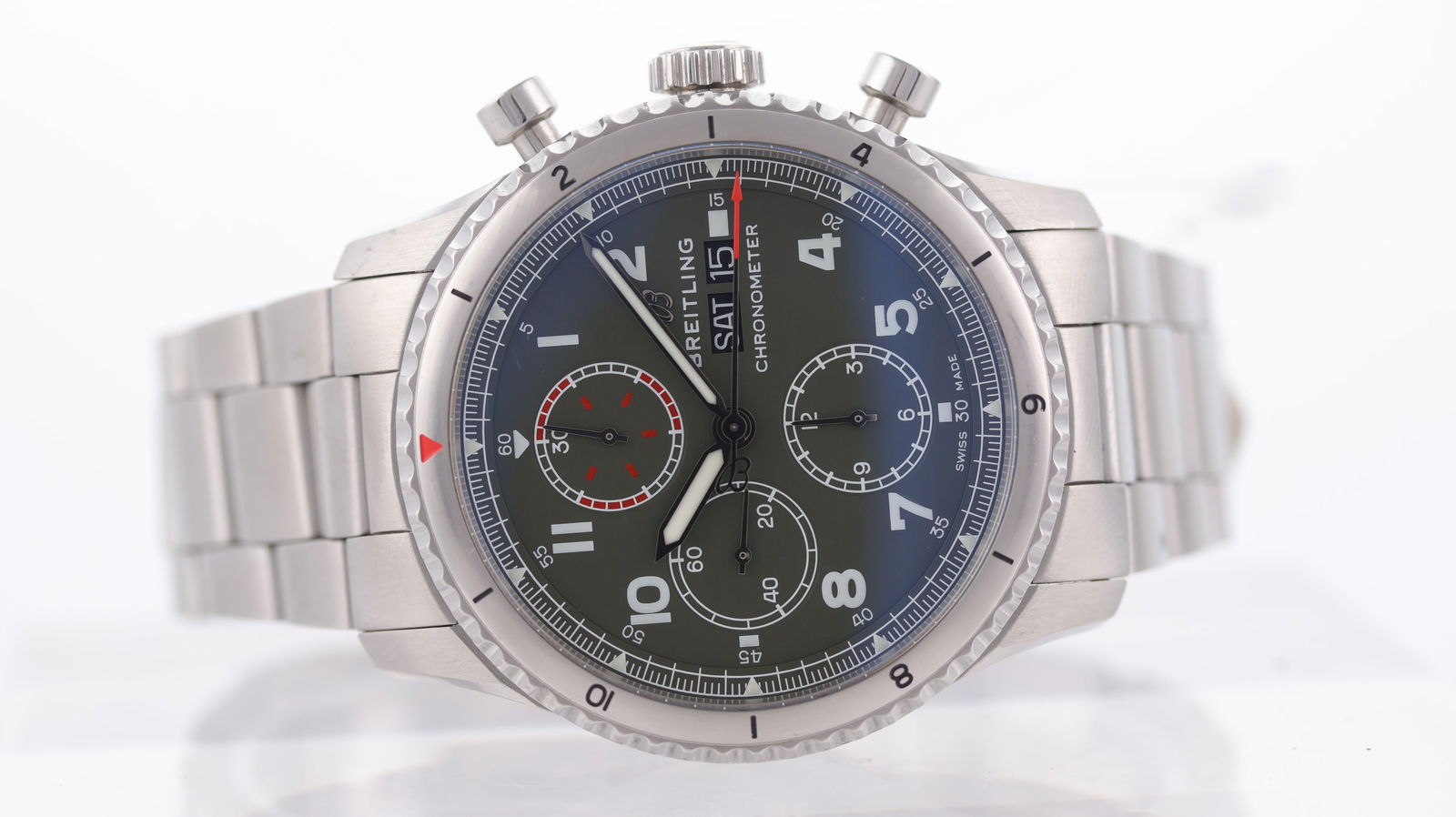 Breitling Aviator 8 Chronograph 43 Curtiss Warhawk Automatic Ref A13316: Brand: Breitling Model Name: Aviator 8 Chronograph 43 Curtiss Warhawk Reference: A133161A1L1A1 Movement: Automatic Movement calibre: Breitling Caliber 13 Dial shape: Circular Dial colour: Military Gre