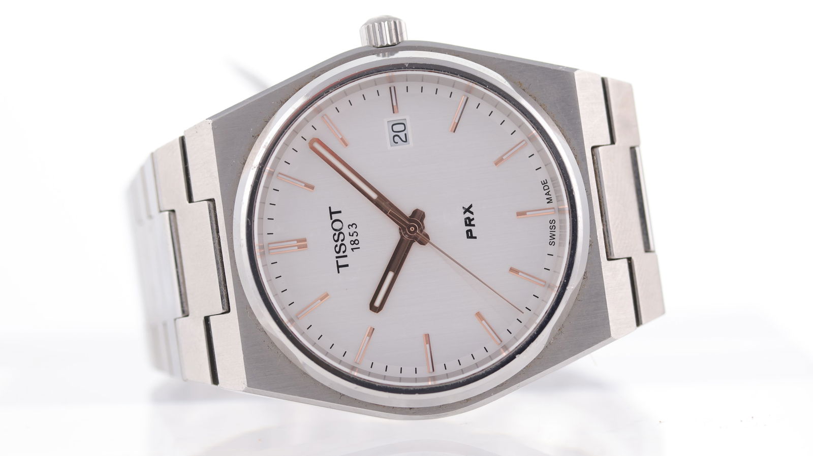 Tissot Prx Date Quartz: Brand: Tissot Model Name: Prx Reference: T137410A Movement: Quartz Dial shape: Circular Dial colour: Silver Dial features: Brushed dial with rose hands and baton hour markers. Quick set date aperture