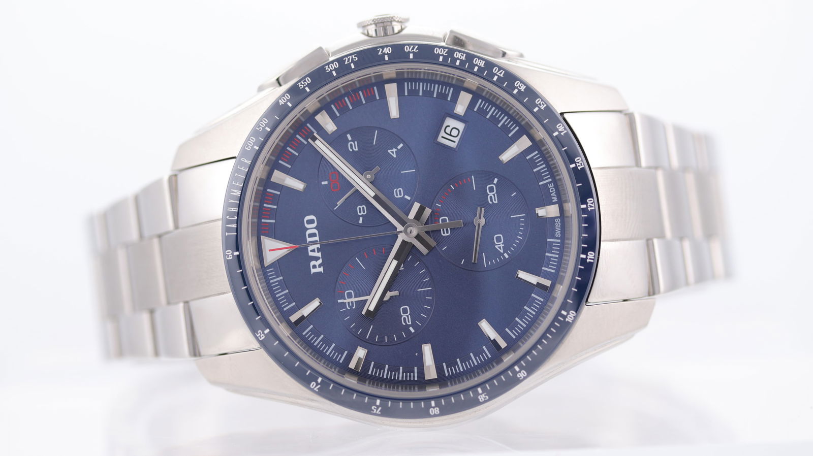 Rado Hyperchrome Chronograph Quartz Ref 312.0259.3: Brand: Rado Model Name: Hyperchrome Reference: 312.0259.3 Movement: Quartz Movement calibre: ETA 251.274 Dial shape: Circular Dial colour: Blue Dial features: lume hour markers, red details. three sub