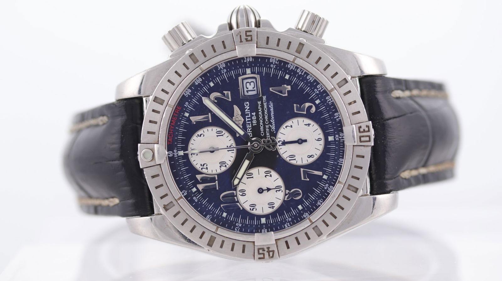 Breitling Chronomat Evolution Chronograph Automatic Ref A13356: Brand: Breitling Model Name: Chronomat Evolution Reference: A13356 Movement: Automatic Dial shape: Circular Dial colour: Black Dial features: Arabic numerals with three silver subsidiary dials, quicks