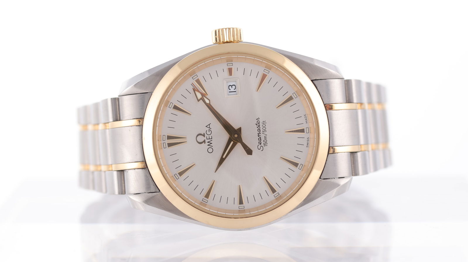 Omega Seamaster Aqua Terra Steel and Gold Circa 2002: Brand: Omega Model Name: Seamaster Aqua Terra Movement type: Quartz Year: Circa 2002 Dial shape: Circular Dial colour: Silver Dial features: Applied gold hour markers. Date aperture at 3 o'clock. Beze