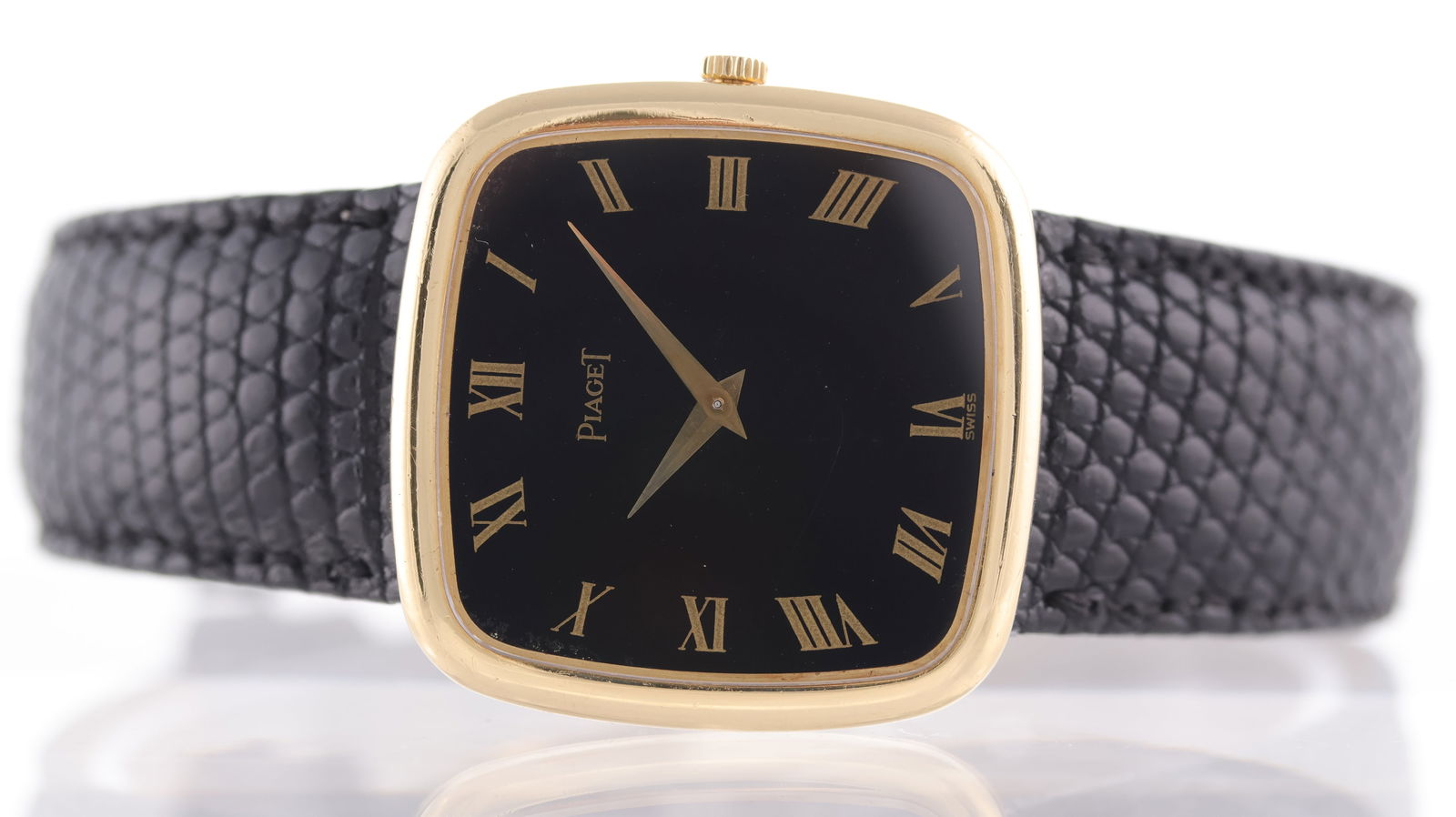 Piaget Dress Watch 18ct yellow gold Ref 9772 Circa 1970's: Brand: Piaget Model Name: Dress Watch Reference: 9772 Movement type: Manual Wind Year: Circa 1970's Dial shape: Square Cushion Dial colour: Black Dial features: Gloss black dial with roman numerals Ca