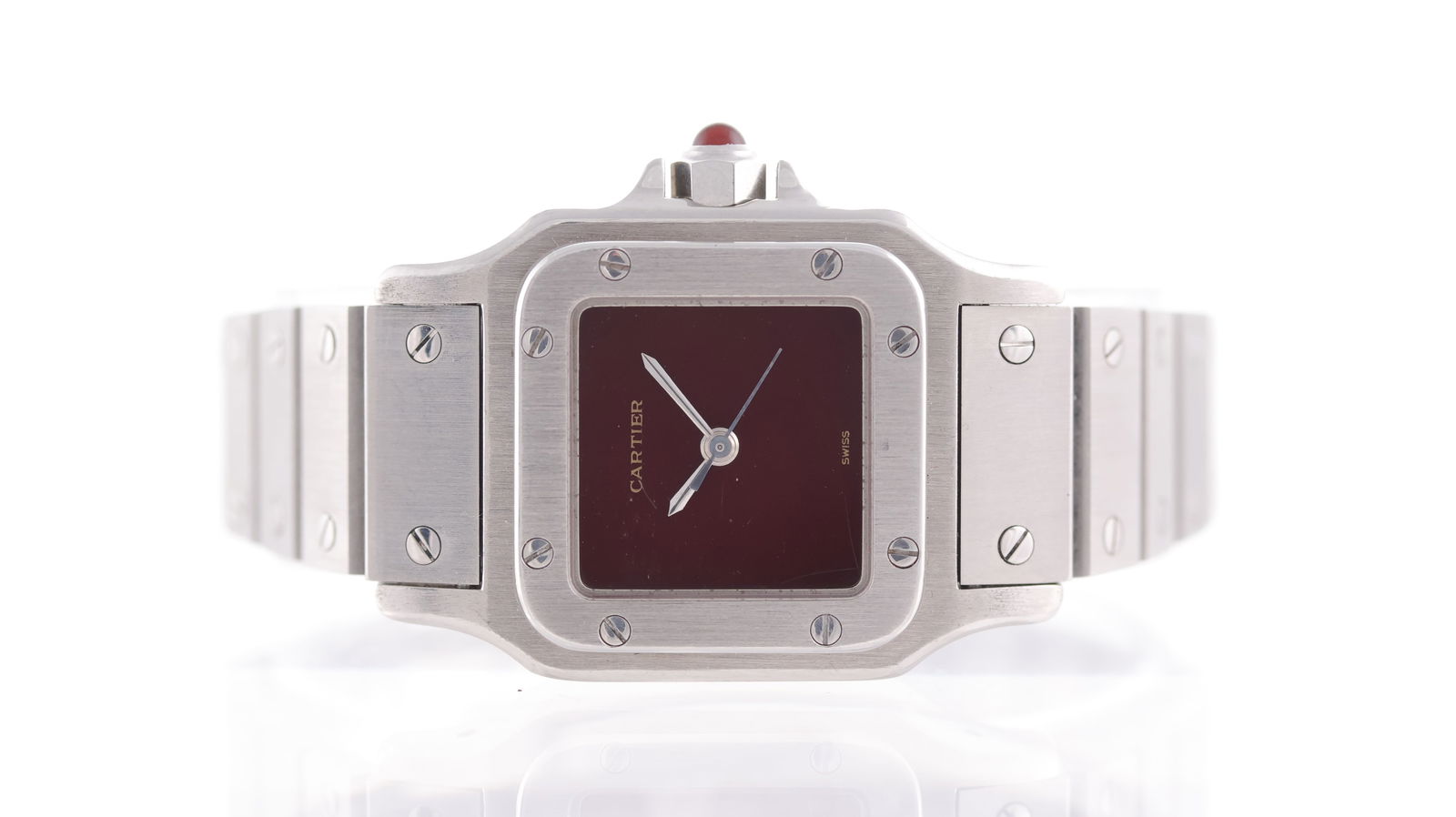 Cartier Santos Burgundy Spider Dial Ref 0901 Automatic Circa 1980's: Brand: Cartier Model Name: Santos Reference: 0901 Movement type: Automatic Year: Circa 1980's Dial shape: Square Dial colour: Burgundy Dial features: Spider effect dial with silver hands Bezel: Screw