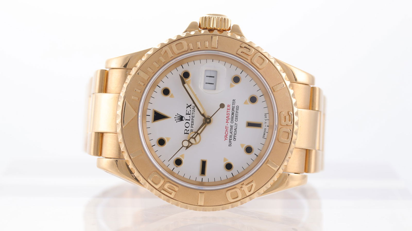 Rolex Yacht-Master 40mm 18ct yellow gold Ref 16628 1991: Brand: Rolex Model Name: Yacht-Master 40 Reference: 16628 Movement type: Automatic Movement calibre: Rolex 3135 Year: 1991 Dial shape: Circular Dial colour: White Dial features: Tritium mercedes hands