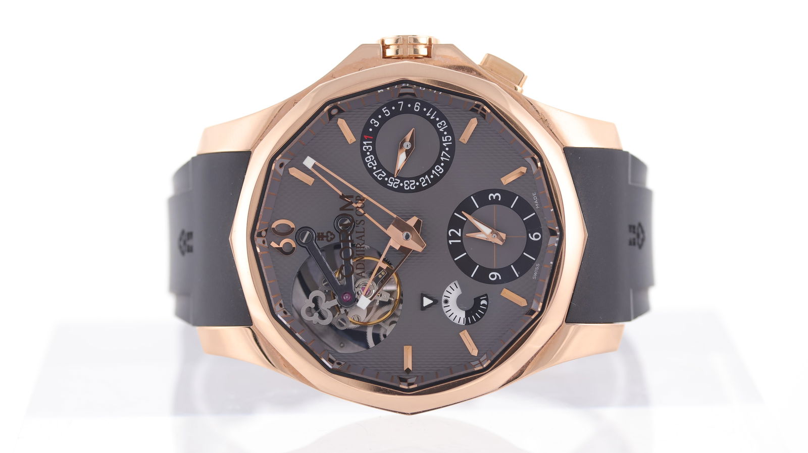 Corum Admiral's Cup Seafender 47 Tourbillon GMT 18ct Rose Gold with Box and Papers Circa 2011: Brand: Corum Model Name: Admiral's Cup Seafender 47 Tourbillon Reference: 397.101.55/0001 AK10 Movement type: Automatic Movement calibre: Corum CO397 Year: Circa 2011 Box: Full Box Papers: Guarantee C