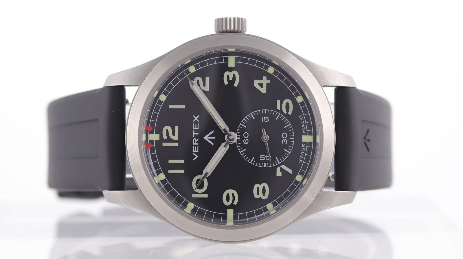 Vertex M100 'Dirty Dozen' Re-edition with Box and Papers Circa 2018: Brand: Vertex Model Name: M100 Movement type: Manual Wind Movement calibre: Vertex ETA 7001 Year: Circa 2018 Box: Full Box Papers: Full Set Papers Dial shape: Circular Dial colour: Black Dial features