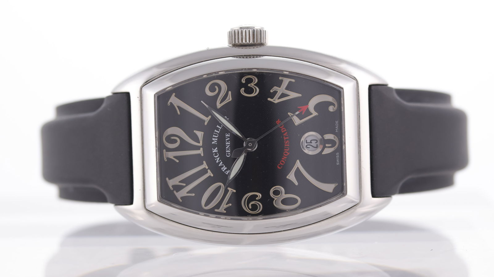 Franck Muller Conquistador Automatic Ref 8002 SC: Brand: Franck Muller Model Name: Conquistador Reference: 8002 SC Movement type: Automatic Movement calibre: Franck Muller 2800 Movement features: Platinum rotor Dial shape: Tonneau Dial colour: Black