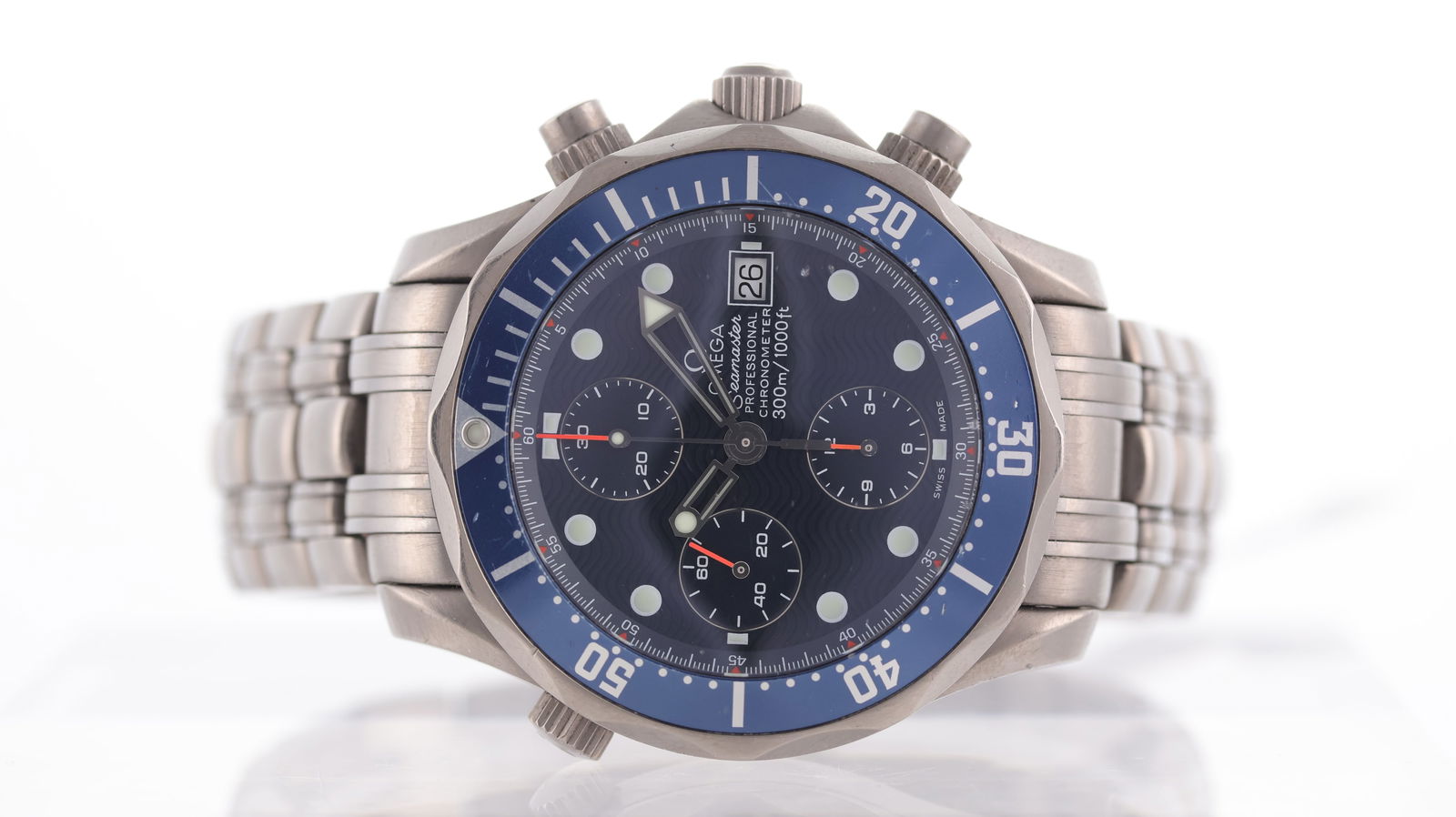 Omega Titanium Seamaster Chronograph Ref 378.5040: Brand: Omega Model Name: Seamaster Chronograph Reference: 378.5040 Movement type: Automatic Movement calibre: Omega 1154 Dial shape: Circular Dial colour: Blue Dial features: Wave dial with dot hour m