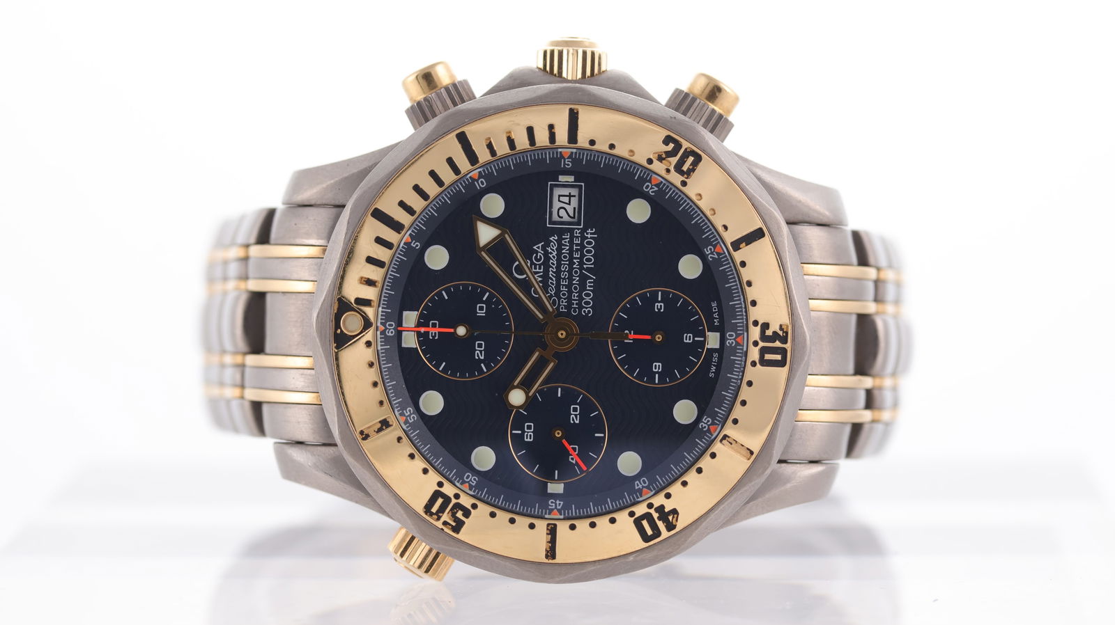 Omega Titanium Bi Colour Seamaster Chronograph Ref 378.5040: Brand: Omega Model Name: Seamaster Chronograph Reference: 378.5040 Movement type: Automatic Movement calibre: Omega 1155 Dial shape: Circular Dial colour: Blue Dial features: Wave dial with dot hour m