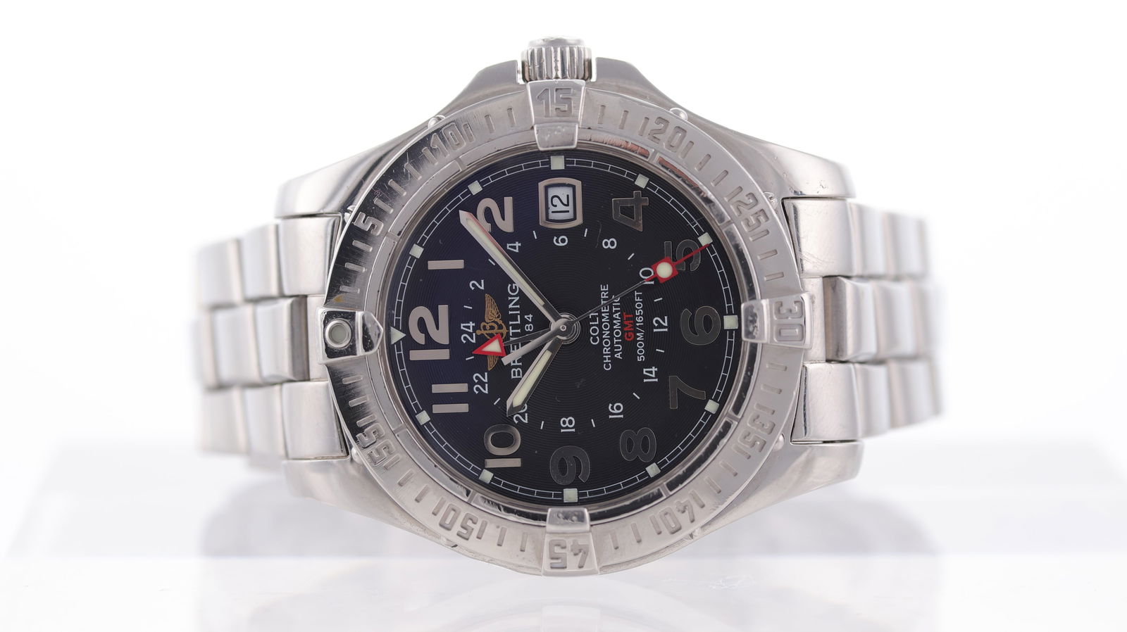 Breitling Colt GMT Ref A32350 with Box and Papers 2004: Brand: Breitling Model Name: Colt Reference: A32350 Movement type: Automatic Movement calibre: Breitling ETA 2893-2 Movement features: Breitling signed Year: 2004 Box: Inner and outer box Box features