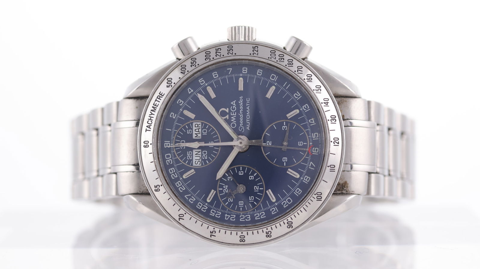 Omega Speedmaster Triple Calendar Ref 3523.80.00: Brand: Omega Model Name: Speedmaster Triple Calendar Reference: 3523.80.00 Movement type: Automatic Movement calibre: Omega 1151 Dial shape: Circular Dial colour: Blue Dial features: Baton hour marker