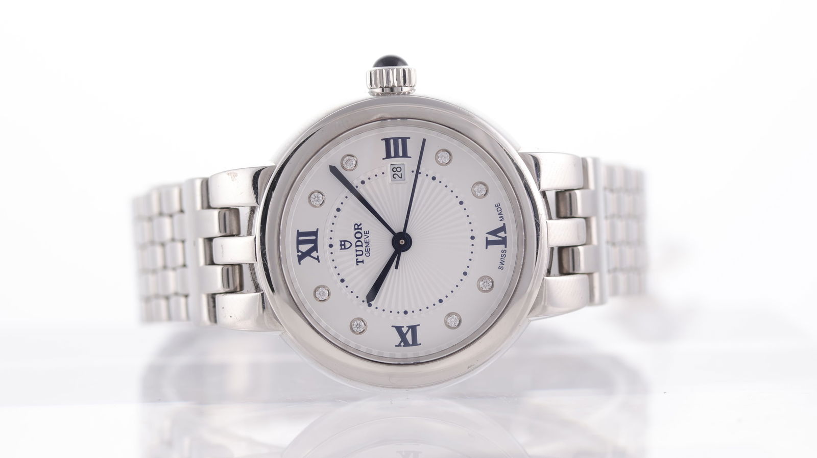 Tudor Clair De Rose Automatic Ref 35500: Brand: Tudor Model Name: Clair De Rose Reference: 35500 Movement type: Automatic Dial shape: Circular Dial colour: Silver Dial features: Blue steel hands. Dark blue roman numeral hour markers and diam