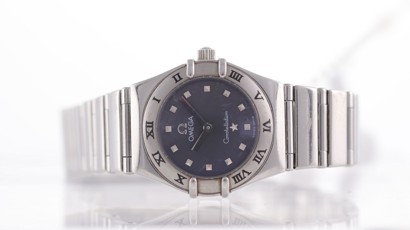 Ladies Omega Constellation 'My Choice': Brand: Omega Model Name: Constellation 'My Choice' Movement type: Quartz Dial shape: Circular Dial colour: Grey Dial features: Sunburst dial with applied 'pyramid' hour markers. Bezel: Fixed roman num