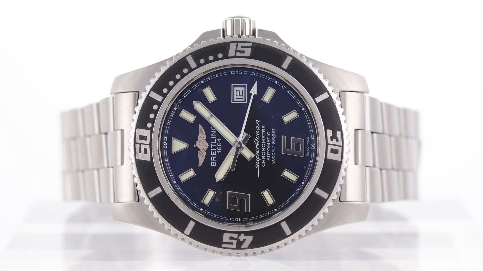 Breitling Superocean Automatic Ref A17391: Brand: Breitling Model Name: Superocean Reference: A17391 Movement type: Automatic Dial shape: Circular Dial colour: Black Dial features: Luminous hour markers, date aperture, Arabic 6 + 9 numberals B