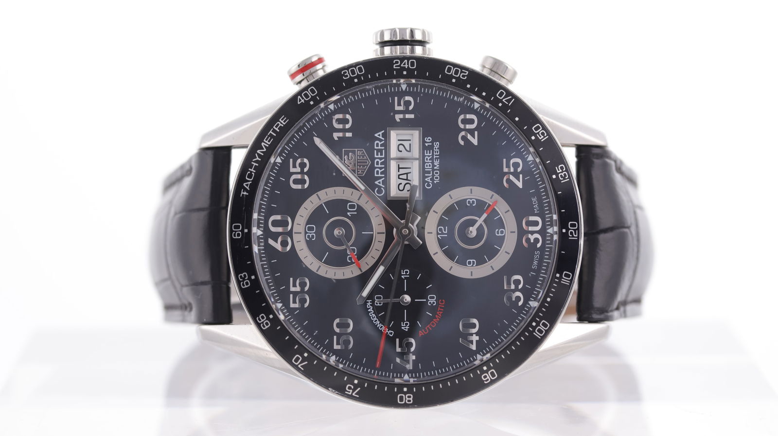Tag Heuer Carrera Ref CV2A10: Brand: Tag Heuer Model Name: Carrera Reference: CV2A10 Movement type: Automatic Movement calibre: Tag Heuer 16 Dial shape: Circular Dial colour: Black Dial features: Silver arabic numerals. Sub second