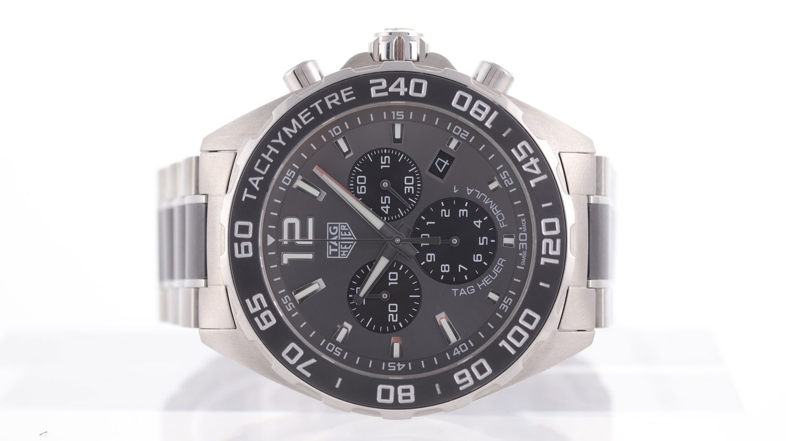 Tag Heuer Formula 1 Ref CAZ1011: Brand: Tag Heuer Model Name: Formula 1 Reference: CAZ1011 Movement type: Quartz Movement calibre: Tag Heuer Ronda 5040.0 Dial shape: Circular Dial colour: Sunburst, Grey Dial features: Lume hands and