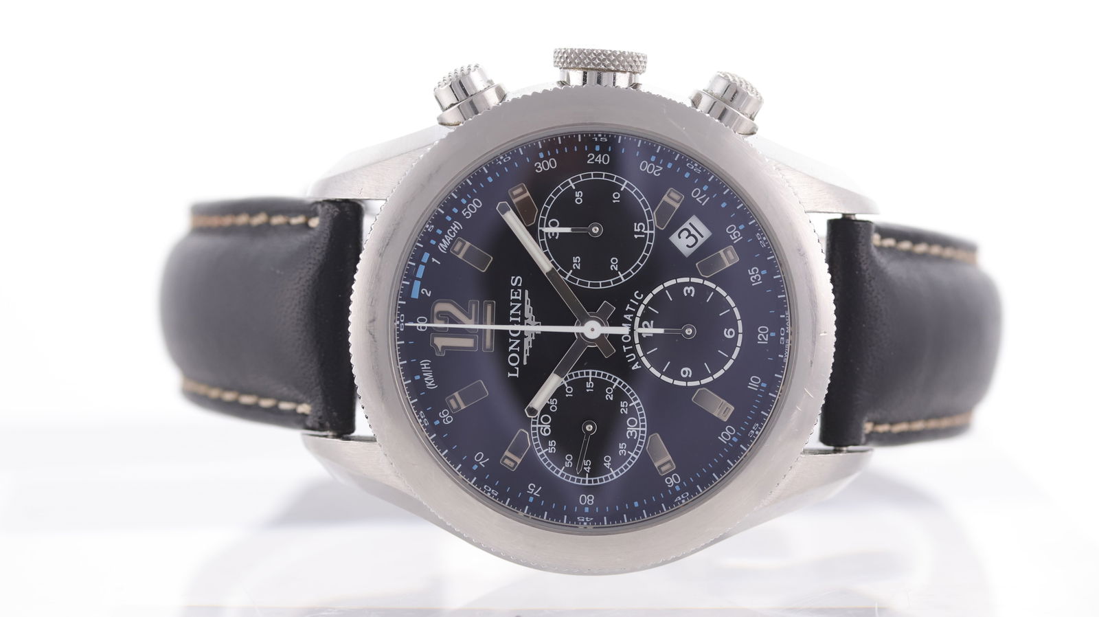 Longines Grande Vitesse Automatic Chroogprah Ref L3.635.4: Brand: Longines Model Name: Grande Vitesse Reference: L3.635.4 Movement type: Automatic Movement calibre: Longines L683.2 Dial shape: Circular Dial colour: Black Dial features: block hour markers, 3 s