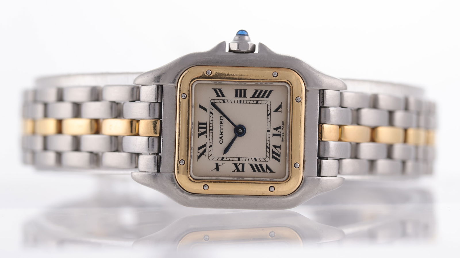 Cartier Panthere Ref 6692 Circa 1990s: Brand: Cartier Model Name: Panthere Reference: 6692 Movement type: Quartz Year: Circa 1990s Dial shape: Cushion Dial colour: cream Dial features: Black Roman numerals, date aperture, minute track Beze