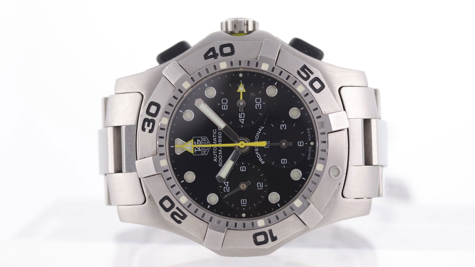 Tag Heuer Aquagraph Automatic Ref CN211A: Brand: Tag Heuer Model Name: Aquagraph Reference: CN211A Movement type: Automatic Movement calibre: Tag Heuer 60 Dial shape: Circular Dial colour: Black Dial features: Circular lume plot hour markers,