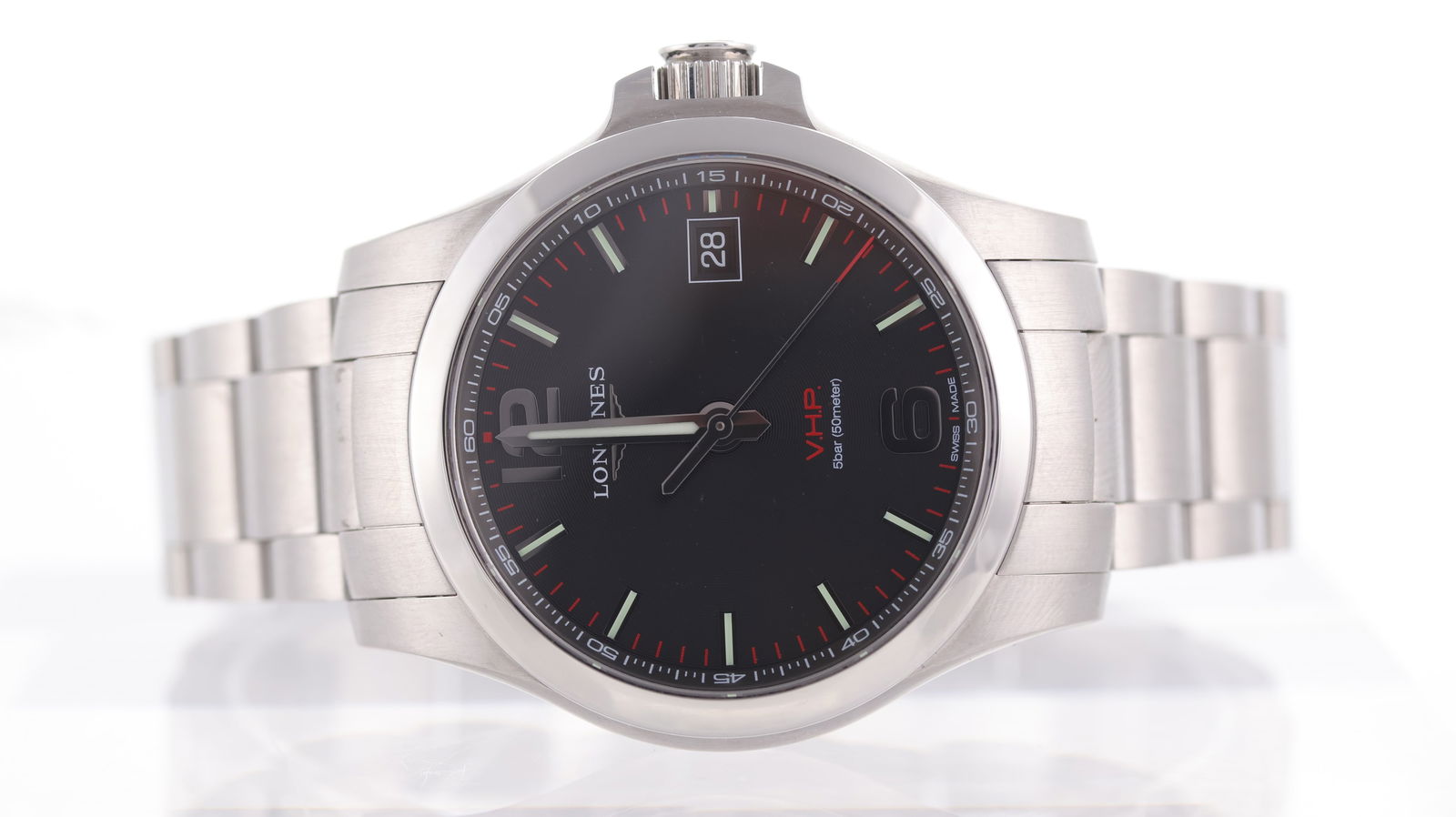 Longines Conquest V.H.P. Ref L3.716.4: Brand: Longines Model Name: Conquest V.H.P. Reference: L3.716.4 Movement type: Quartz Movement features: High accuracy quartz Dial shape: Circular Dial colour: Sunburst Grey Dial features: Baton hour