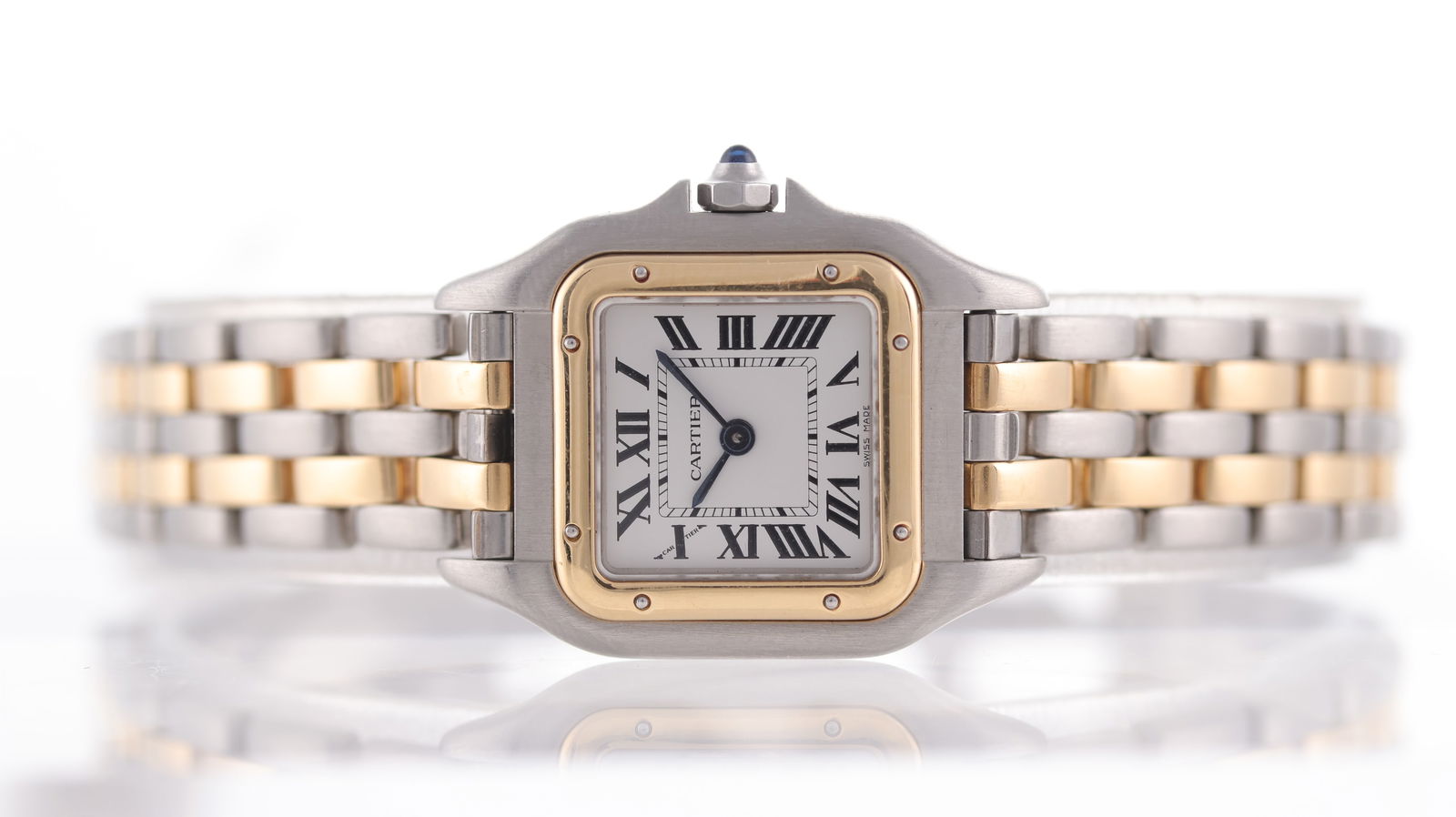 Cartier Panthere Ref 1057917: Brand: Cartier Model Name: Panthere Reference: 1057917 Movement type: Quartz Dial shape: Square Dial colour: White Dial features: Black Roman numerals, date aperture at 5 o'clock Bezel: Gold bezel Cas