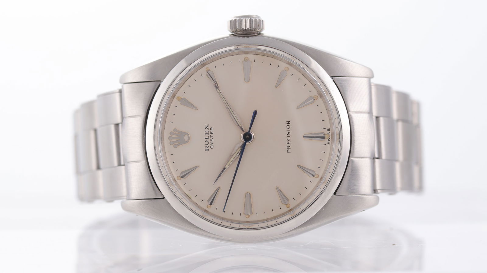 Vintage Rolex Oyster Precision Brevet Cased Ref 6422 Circa 1955: Brand: Rolex Model Name: Oyster Precision Reference: 6422 Movement type: Manual Wind Movement calibre: Rolex 1210 Year: Circa 1955 Dial shape: Circular Dial colour: Silver Dial features: Silver 'Arrow