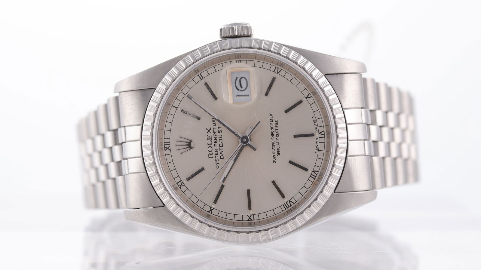 Rolex Datejust 36 Ref 16220 Circa 1987: Brand: Rolex Model Name: Datejust Reference: 16220 Movement type: Automatic Movement calibre: Rolex 3135 Year: Circa 1987 Dial shape: Circular Dial colour: Silver Dial features: Baton hour markers, Ro