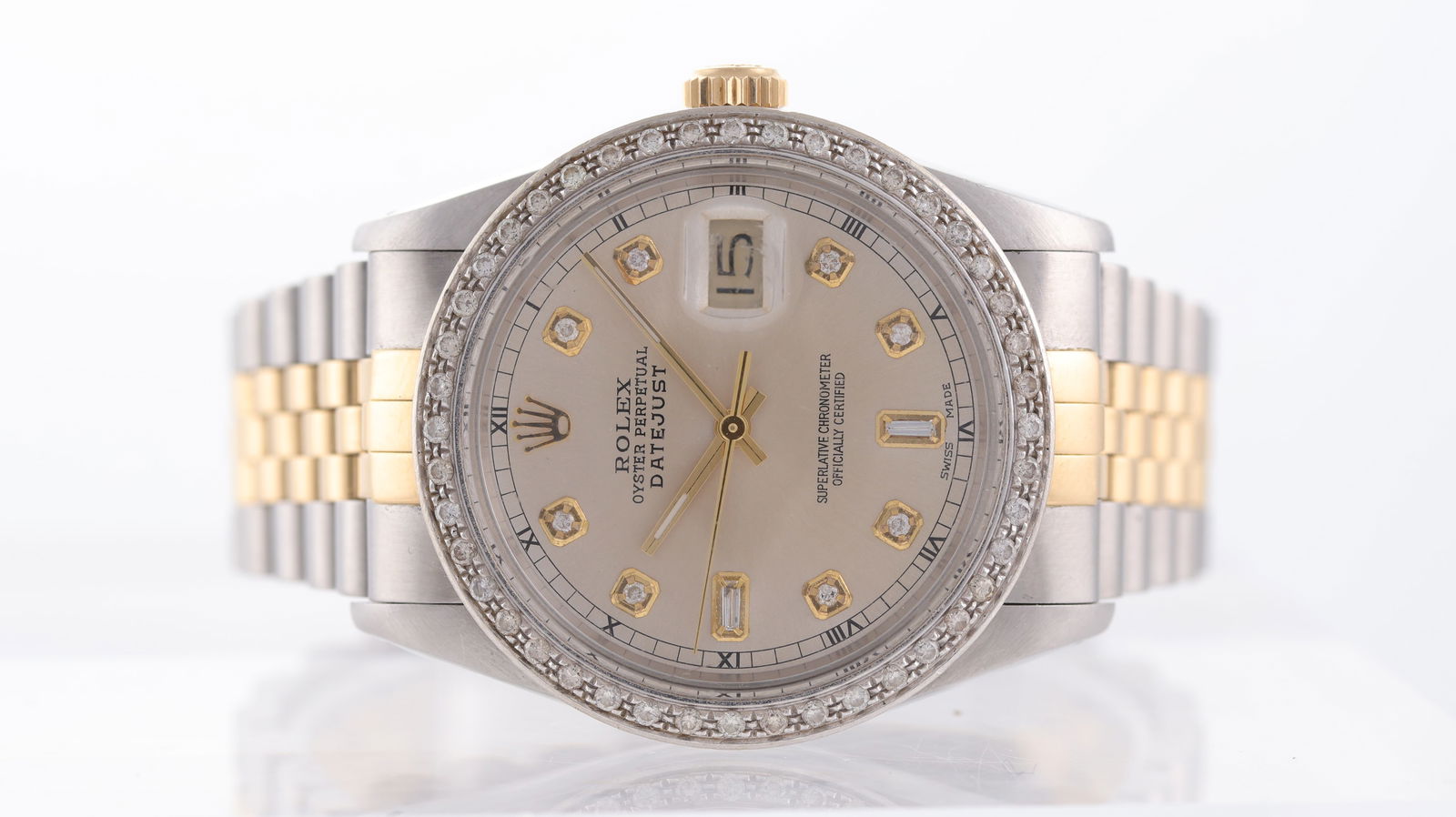 Rolex Datejust 36 Ref 16013 Circa 1987: Brand: Rolex Model Name: Datejust 36 Reference: 16013 Movement type: Automatic Movement calibre: Rolex 3035 Year: Circa 1987 Dial shape: Circular Dial colour: Silver Dial features: Aftermarket gem set